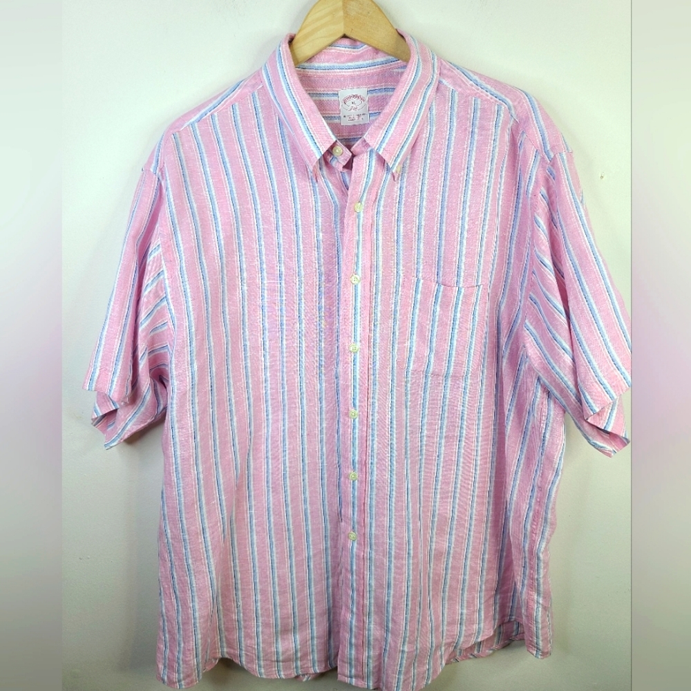 Brooks Brothers - Short Sleeve Button Down Shirt SIZE 2XL - Pink Blue Stripes